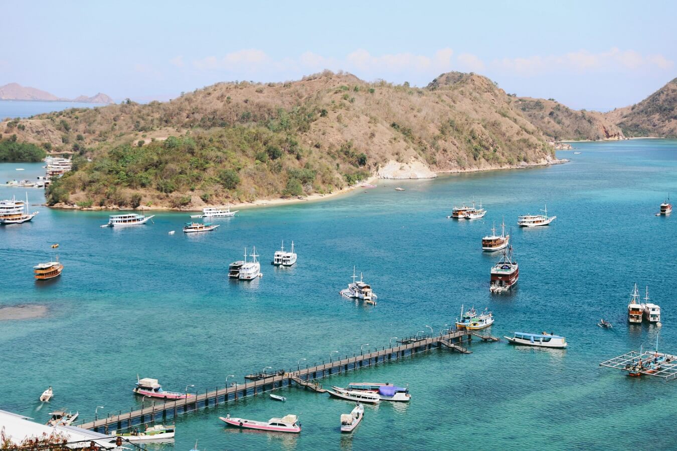 aerial view harbor with many boat labuan bajo island